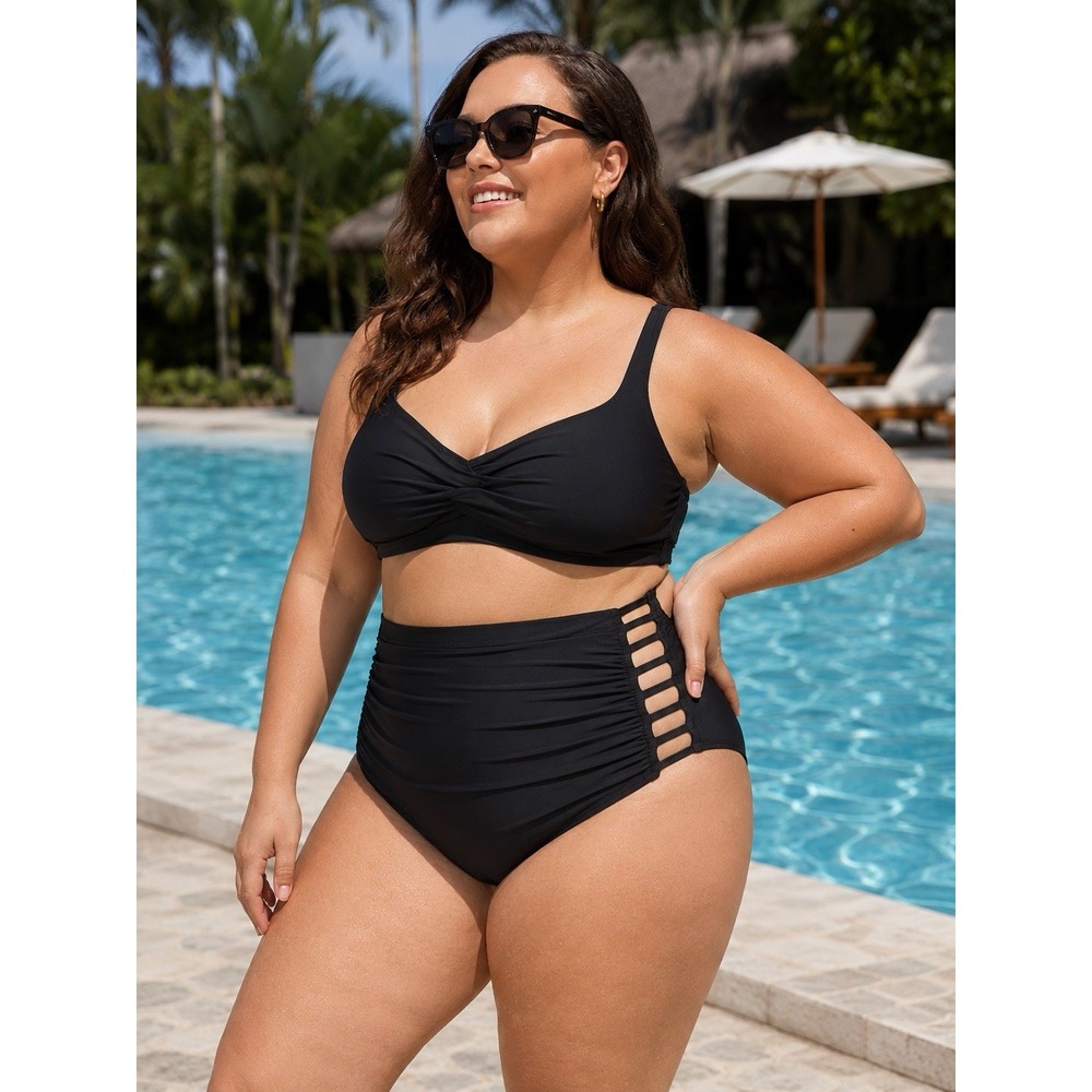 Cacique Women Black High Waist Ruched Lattice Side Bikini Bottom Plus Size 24